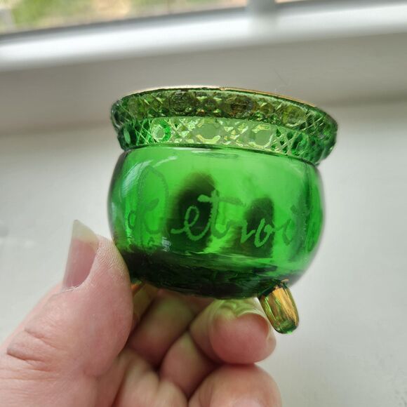 EAPG Cauldron Toothpick Holder Green Glass Colorado Lacy Medallion Set 2 Antique - Picture 8 of 10